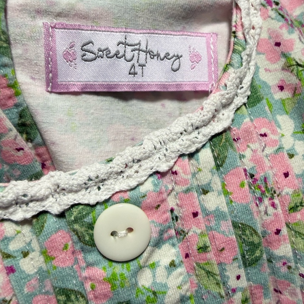 Sweet Honey Girls Floral Pink & Green Sleeveless Dress - Picture 3 of 5